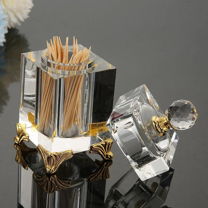 Elegant Amber Crystal Jar for Toothpicks and Cotton Swabs with Lid