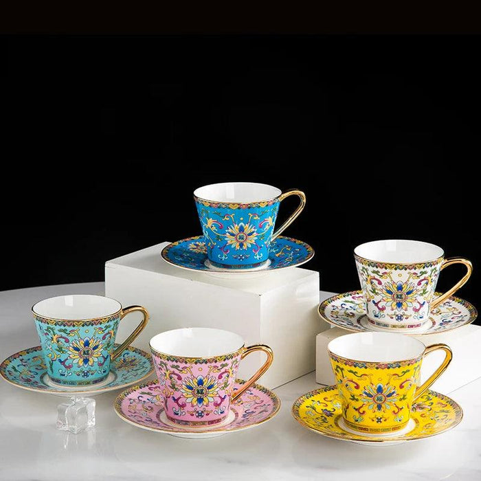 Imperial Elegance Enamel Porcelain Tea and Coffee Cup Set with Ornate Borders