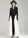 Chic Black Color-block Floor-Length Dress with V-Neck and Long Sleeves