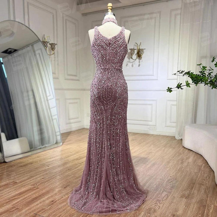 Radiant Rhinestone Mermaid Gown with Elegant Side Slit and Chic Neck Accessory for Women