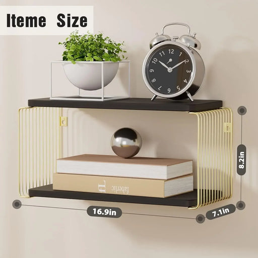 Black and Gold Floating Wall Mounted Nightstand with Small Bedside Shelves for Bedroom