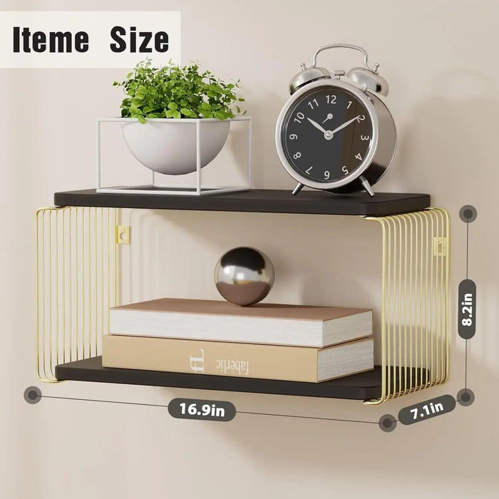 Stylish Black and Gold Floating Nightstand with Convenient Bedside Shelves