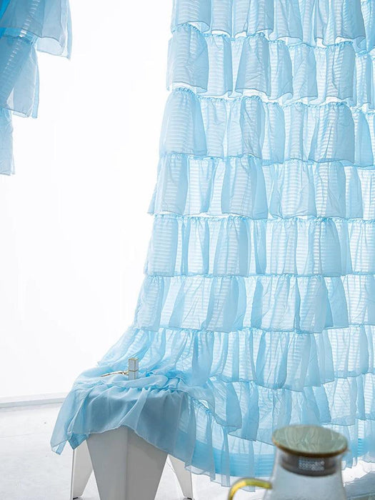 Elegant Blue Ruffled Semi-Blackout Curtains for Living Spaces and Girls' Rooms - Soft Tulle Drapes