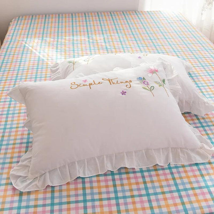 Pastoral Elegance: Embroidered Floral Cotton Bedding Set with Ruffled Details - Duvet Cover, Flat & Fitted Sheets, Pillowcases