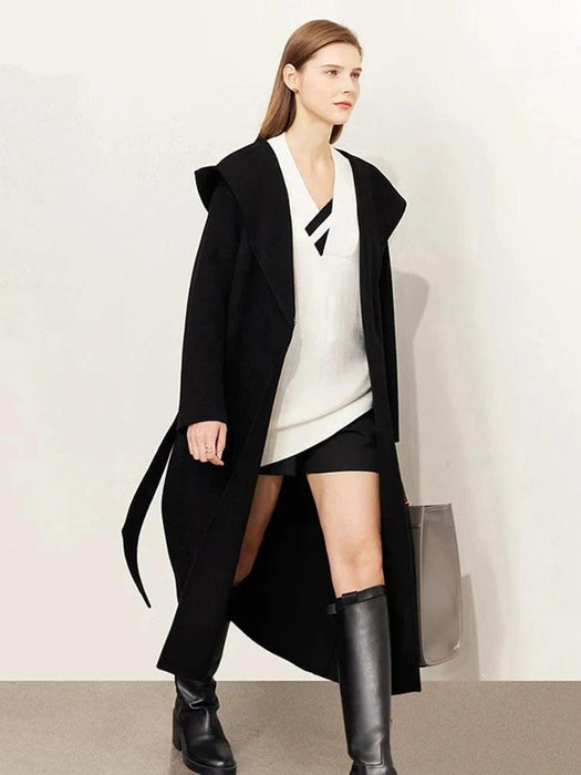 Chic Women's Double-Sided Hooded Wool Overcoat with Split Belt