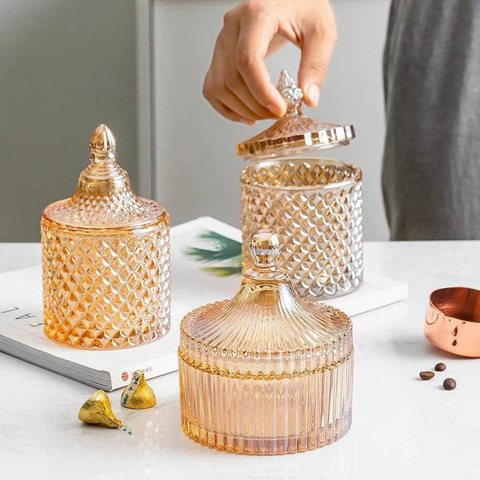 Amber Radiance Crystal Glass Storage Jar with Lid for Jewelry and Event Decor