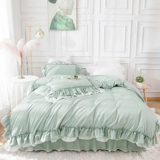 100% Cotton Solid Color Ruffled Bedding Set with Duvet Cover, Bed Skirt, and Pillowcases