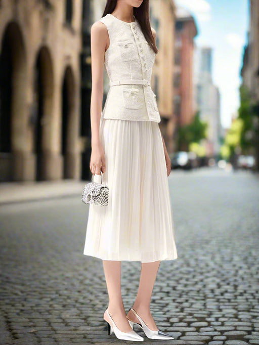 2-Piece O-neck Ensemble with Stylish Waistcoat and Flowing Pleated Skirt