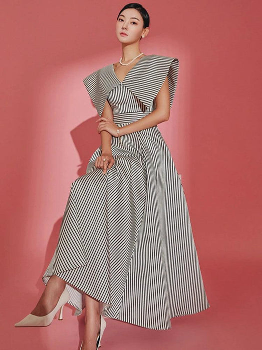 Striped High-Waisted Evening Dress with Oversized Collar for Women – 2024 Summer Collection 35Z657