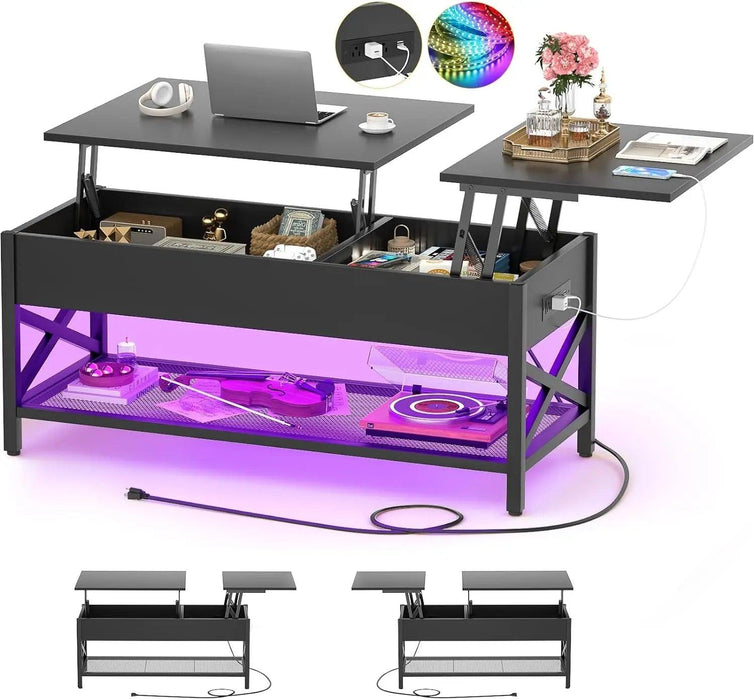 Modern Lift-Top Coffee Table with LED Lighting, USB Ports, and Smart Storage Solutions