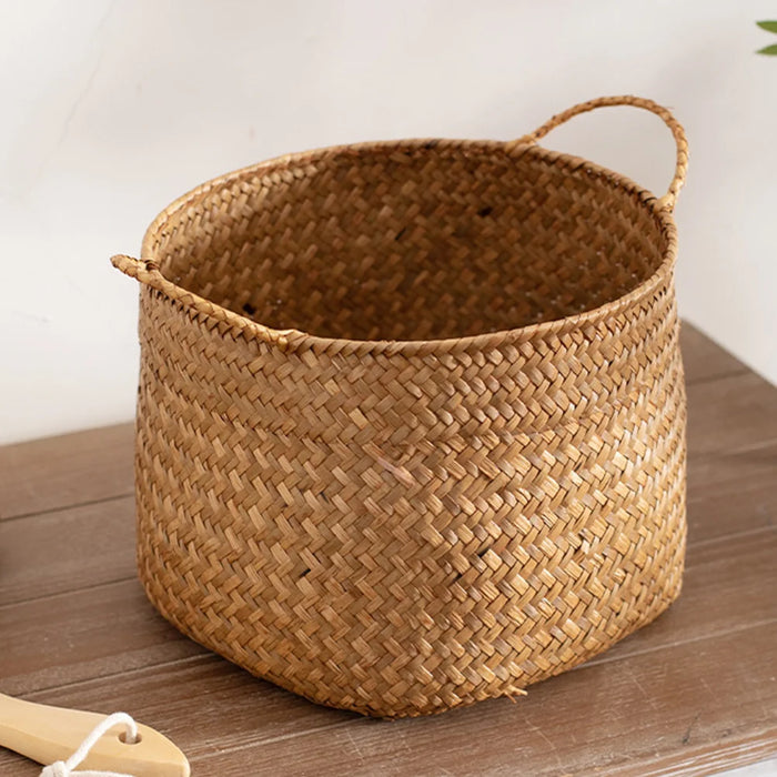 Rustic Seagrass Desktop Organizer and Storage Basket for Home Decor