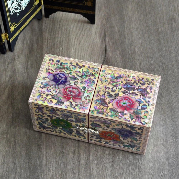 Opulent Mother of Pearl Jewelry Organizer with Butterfly and Peony Design - 4 Spacious Drawers