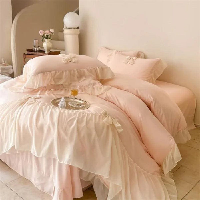 Elegant French Lace Ruffled Duvet Cover Set - Luxurious Bedding Ensemble with Bow Accents, Soft Sheets and Pillowcases