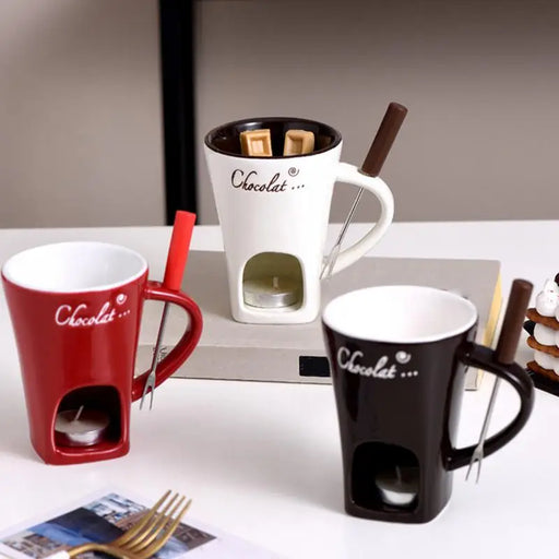 Sumptuous Chocolate Fondue Mug Set with Elegant Ceramic Butter Warmer and Fork