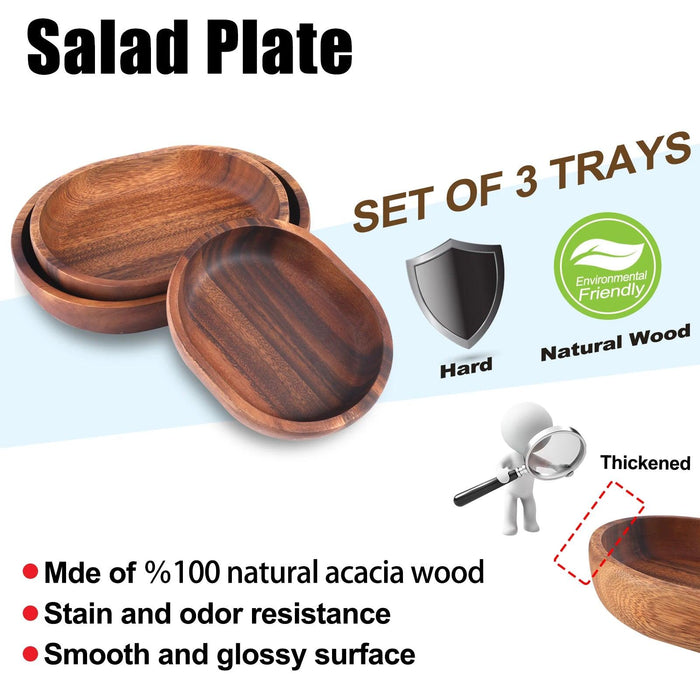 Acacia Wood Bowl Trio - Elegant Oval Serving Dishes for Salads, Fruits, and Desserts