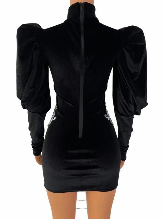 Elegant Custom-Fit Black Velvet Dress with Dazzling Silver Rhinestones