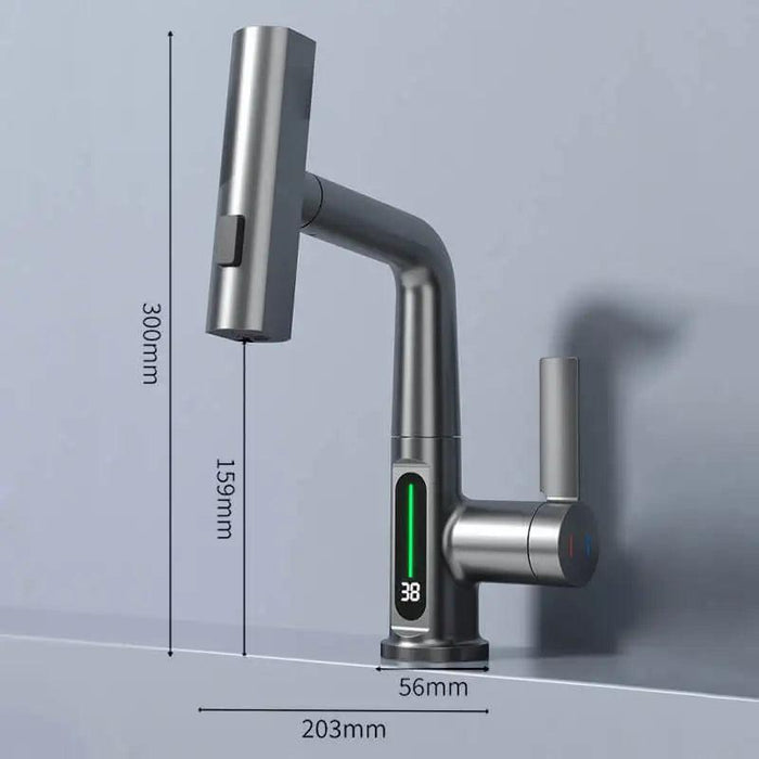 LED Waterfall Faucet with Temperature Display and Rotating Pull-Out Sprayer