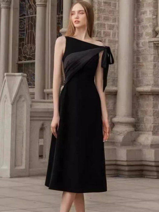 Sleeveless Party Dress with Asymmetrical Neckline and Unique Spliced Design for Women - Timeless Solid Color Evening Dress