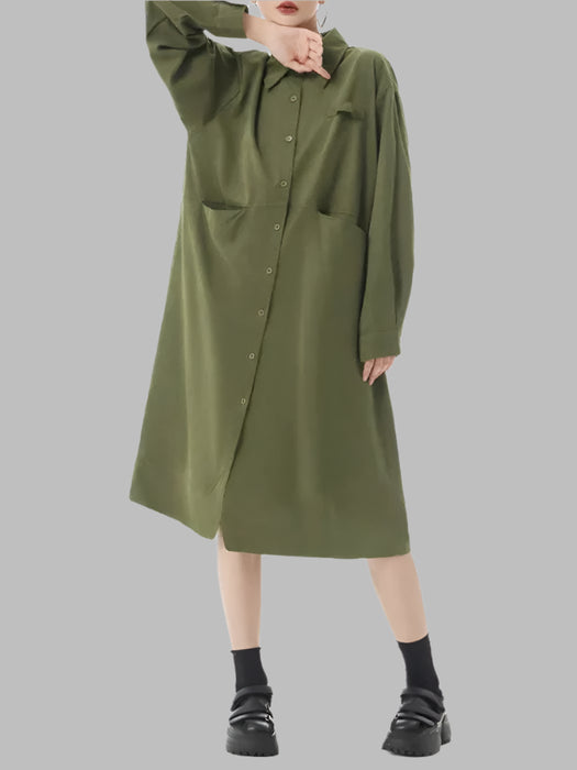 Plus Size Women's Green Midi Shirt Dress with Pockets