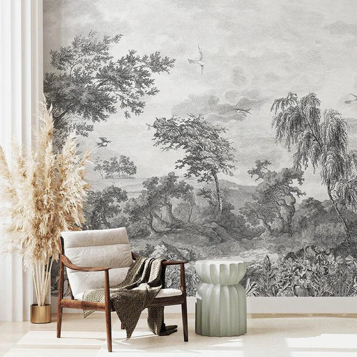 Vintage Tree Gray Forest Peel And Stick Wall Mural - Stylish TV Backdrop Decor with Waterproof Features and Simple Application