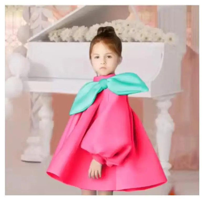 Charming Boutique Princess Dress for Girls with Elegant Bow and Puff Sleeves