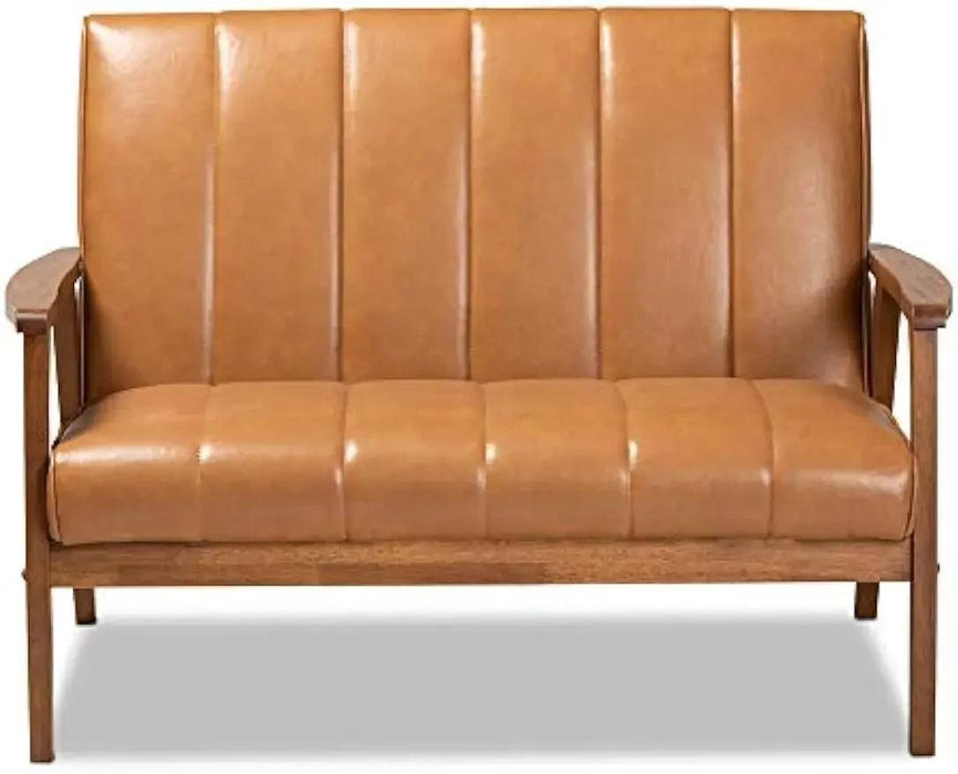 Nikko Tan Faux Leather Loveseat with Walnut Brown Finish - Chic Sofa for Modern Living Rooms