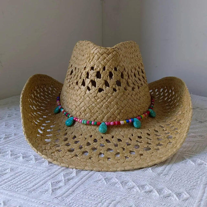 Rose Red Cowboy Straw Hat - Adjustable Wide Brim Sun Hat for All Seasons
