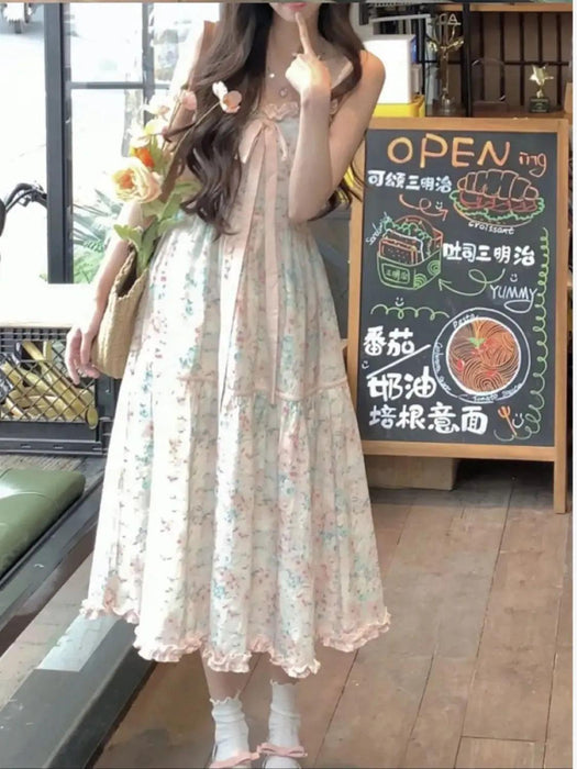 Floral Midi Dress with Adorable Bow - Trendy Korean Style Casual Evening Outfit for Women