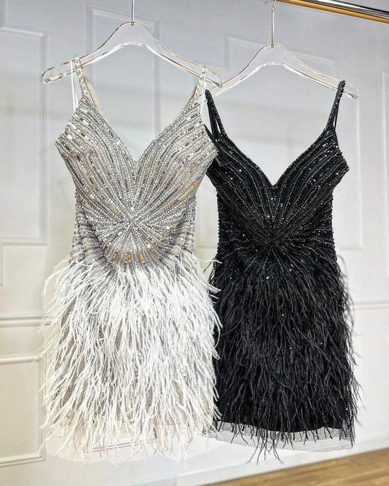 Elegant Custom Fit Backless Feathered Mini Dress for Cocktail Occasions