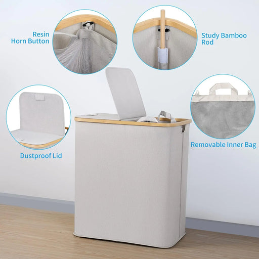 Bamboo Double Laundry Sorter with Lid, Removable Bags, and Elegant Design