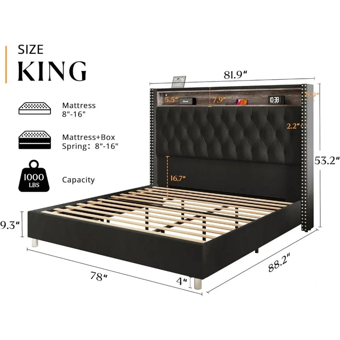 Elegant King Bed Frame with Customizable LED Ambiance and Integrated Charging Station