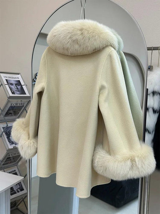 Luxurious Cashmere Wool Winter Coat with Genuine Fox Fur Detailing