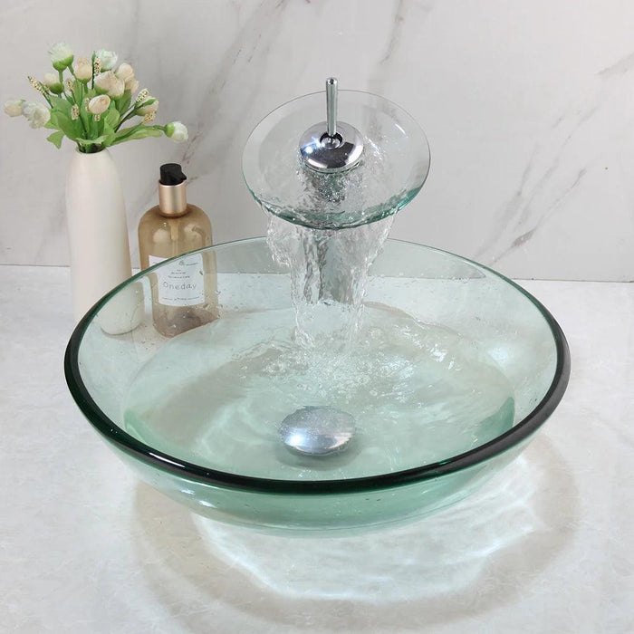 Elegant Blue Glass Vessel Sink Ensemble with Waterfall Faucet