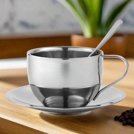 Elegant 304 Stainless Steel Coffee Cup Set with Spoon and Saucer