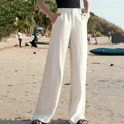 Chic Summer White High Waist Cotton Linen Straight Pants for Women