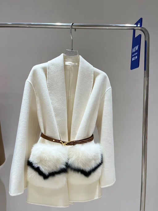 Luxurious Wool Cashmere Coat with Real Fox Fur and Belt for Women - Trendy Winter Fashion 2023