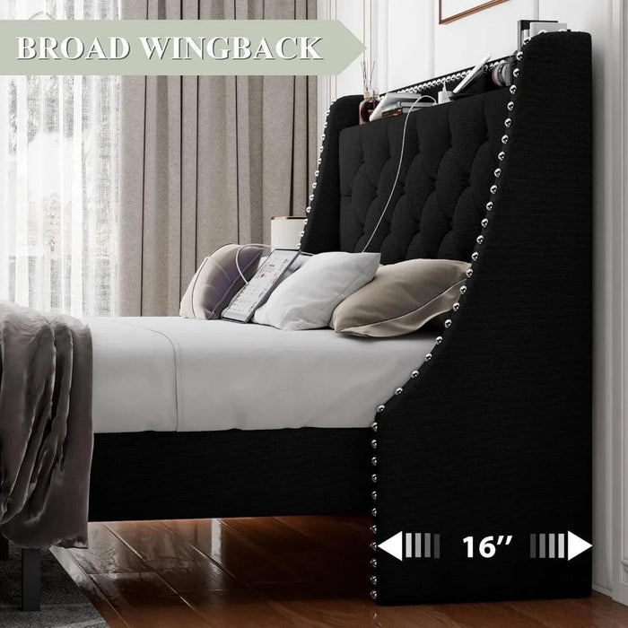 Luxurious Black Wingback Bed Frame with Smart Storage Headboard and Charging Ports