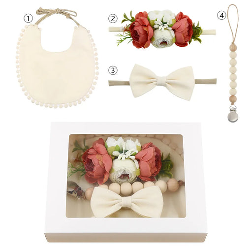 Floral Baby Bib and Accessories Set with Silicone Beads Pacifier Clip - Christmas Edition Gift Box