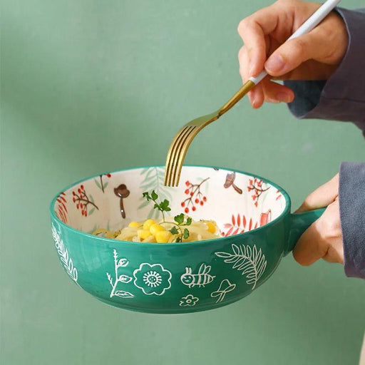 Forest Animal Design Large Ceramic Noodle Bowl with Single Handle - Creative Home and Restaurant Decor