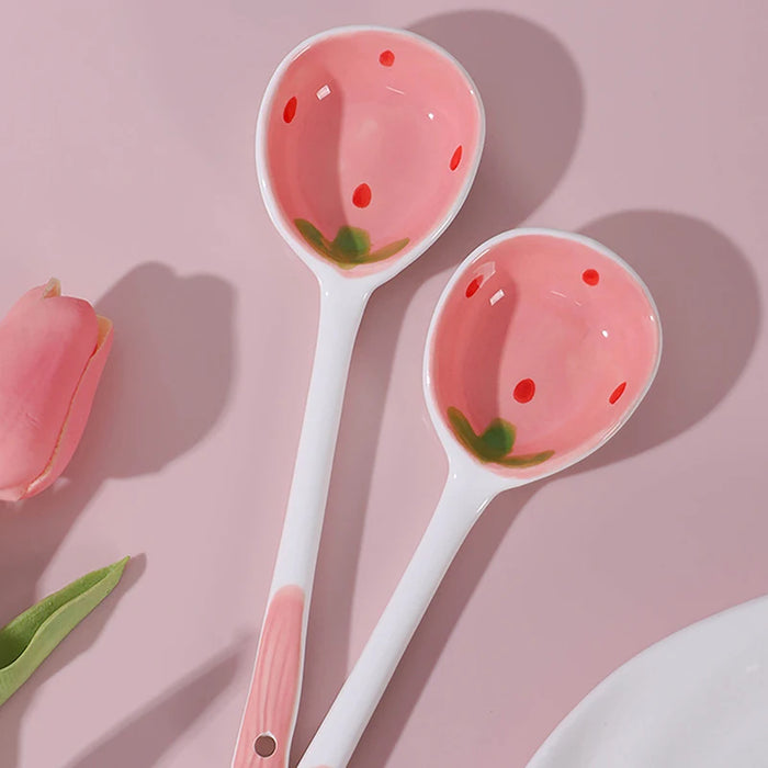 Strawberry Delight Hand-Painted Ceramic Ladle with Cartoon Motifs