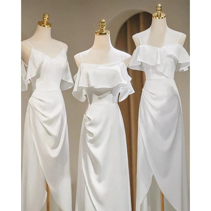 Chic High Low Satin Bridesmaid Dress in White with Spaghetti Straps for Elegant Wedding Celebrations