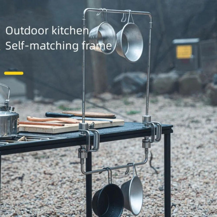 Multi-Functional Stainless Steel Camping Gear Organizer with Built-in Light Stand and Storage Solutions