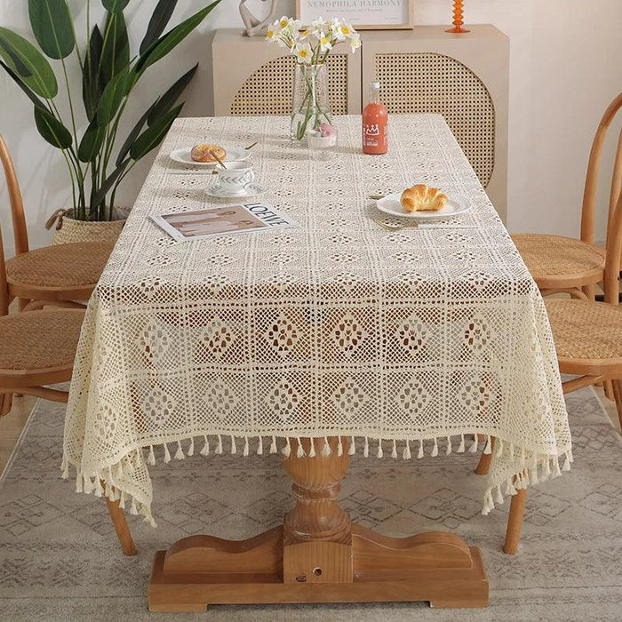 Rustic Elegance Handcrafted Crochet Beige Table Cover - Perfect for Dining, Bridal Celebrations, and Home Decor