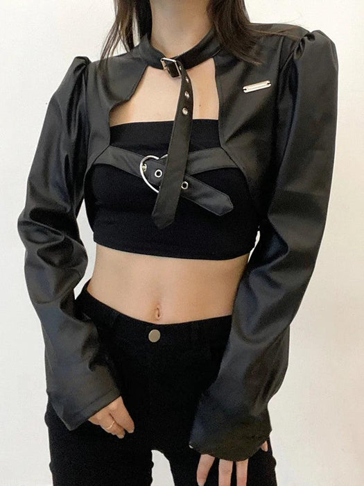 Edgy Asymmetrical Black PU Leather Cropped Halter Jacket