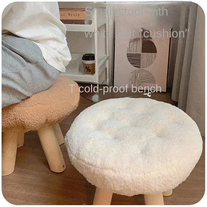 Scandinavian Round Wooden Pouf Stool with Easy-Care Cover