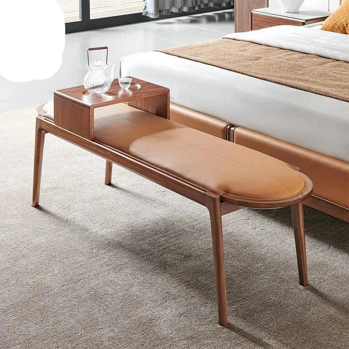 Elegant Leather-Upholstered Solid Wood Bench with Hidden Shoe Storage