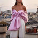 Elegant Pink Satin Off-Shoulder Crop Top with Bow and Lace-Up Accents for Women