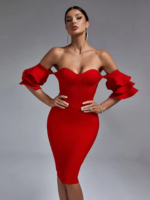 Radiant Ruby Off-Shoulder Ruffle Bodycon Dress - Chic Summer 2023 Fashion