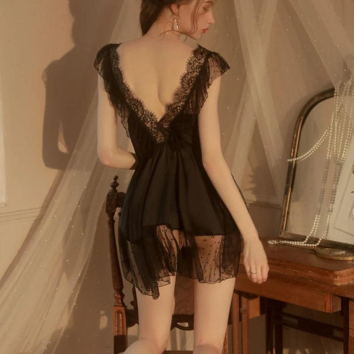 Elegant French Lace Chemise Nightgown for Women - Soft V-neck Sleepwear