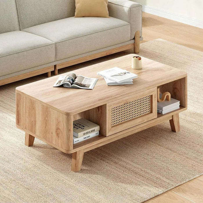 Stylish Rattan-Infused Wooden Coffee Table - Essential for Modern Living Spaces